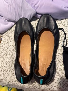 Tieks Black Leather Ballet Flats with Teal Heel Tab